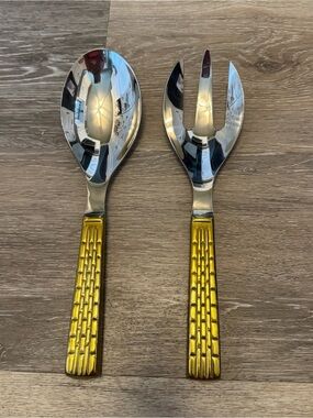 2-Piece Salad Serving Set Stainless Steel and Gold Basketweave